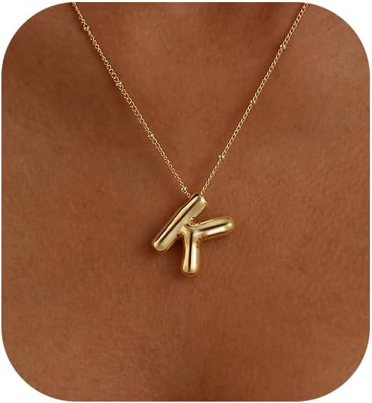 Gold Bubble Letter Necklace for Women, 14k Gold Plated Balloon Initial Letter Pe...