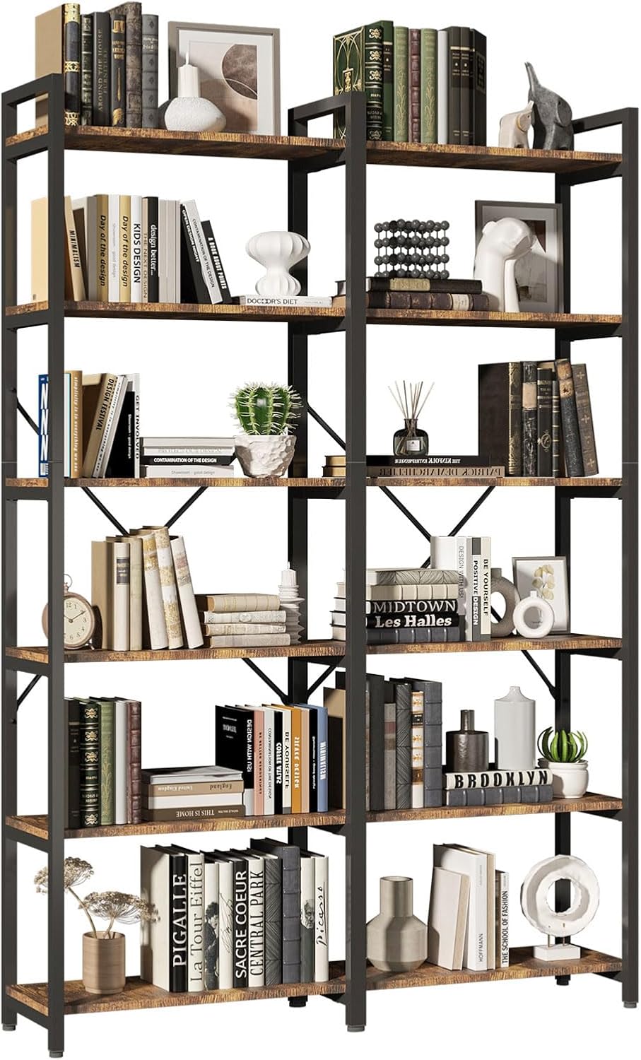 oneinmil Bookshelf 6 Tier, 71.5'' Industrial Wooden Book Shelf with Metal Frame,...