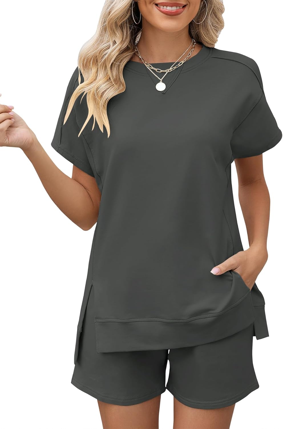 LOMON Womens Fashion 2 Piece Outfits Sweatsuits 2025 Summer Short Sleeve Loungew...