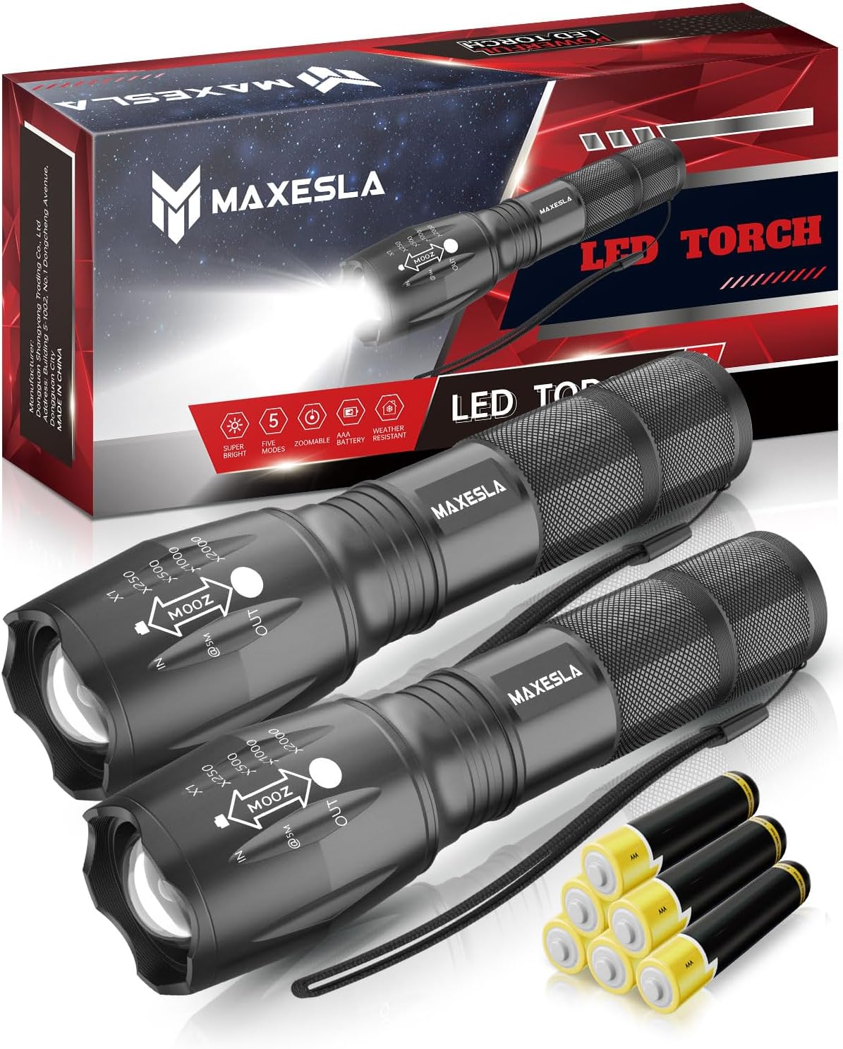 Maxesla 2 Pack LED Torch 2000 Lumens Gifts for Men Dad Kids, Zoomable Torches Le...