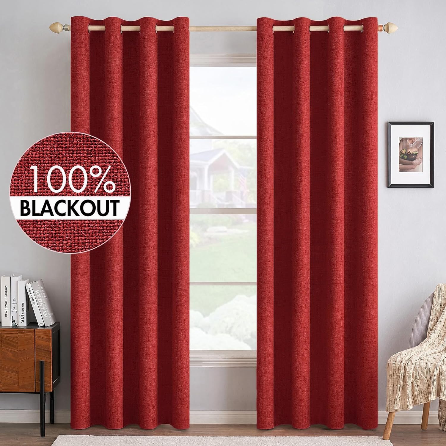 MIULEE 100% Blackout Linen Curtains for Bedroom Thermal Insulated Red Grommet Ro...