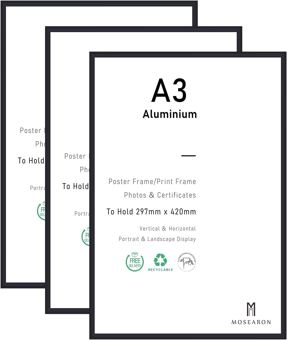 A3 Certificate Picture Frame,3 Pack Black Aluminum Photo Frame with plexiglass f...