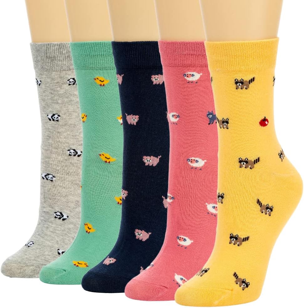 Losa Kute 5 Pairs Cute Patterned Socks Warm Crew Socks 5-9 A 5 Pairs Animals