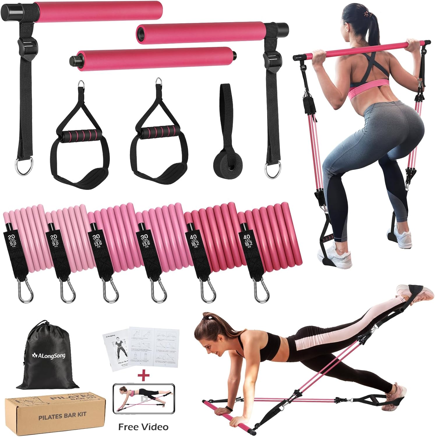 ALongSong Pilates Bar Set With 6 Latex Elastic Resistance Bands 20-180LBS or 30-...