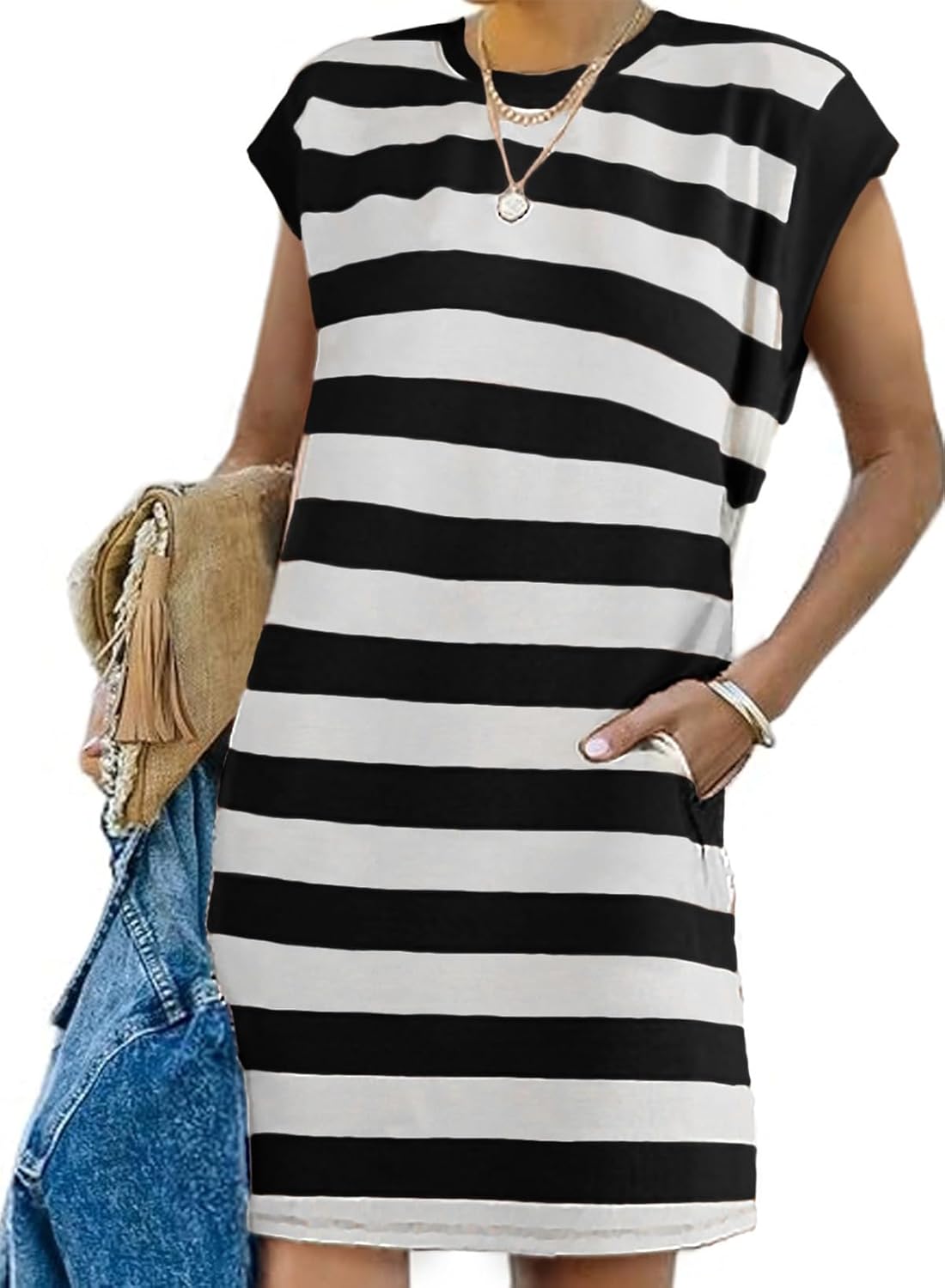 AlvaQ Womens Striped Summer Dresses 2025 Crewneck Cap Sleeve Color Block Casual...
