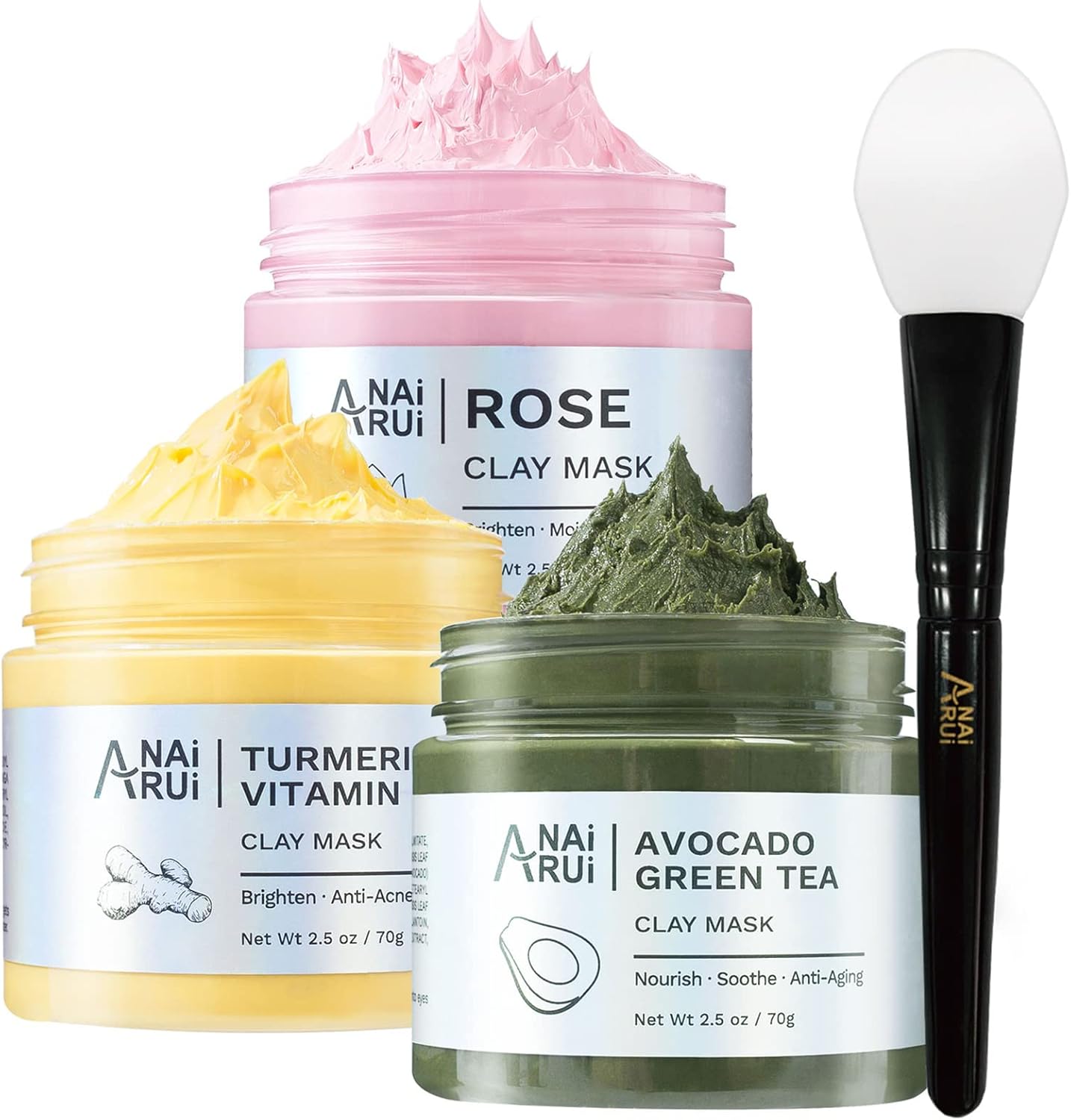ANAiRUi Clay Mask Set for Skin Care - included Turmeric Vitamin C + Rose + Avoca...