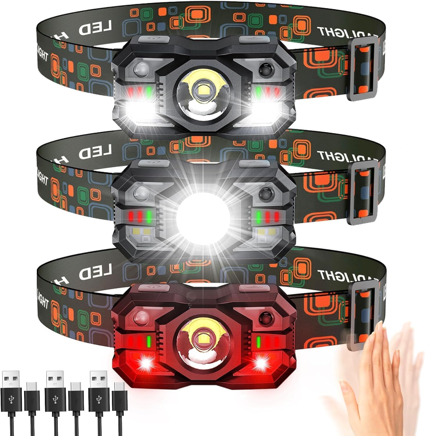 Rechargeable Headlamp Flashlight 3-Pack, 2000 Lumen Super Bright LED Headlight w...