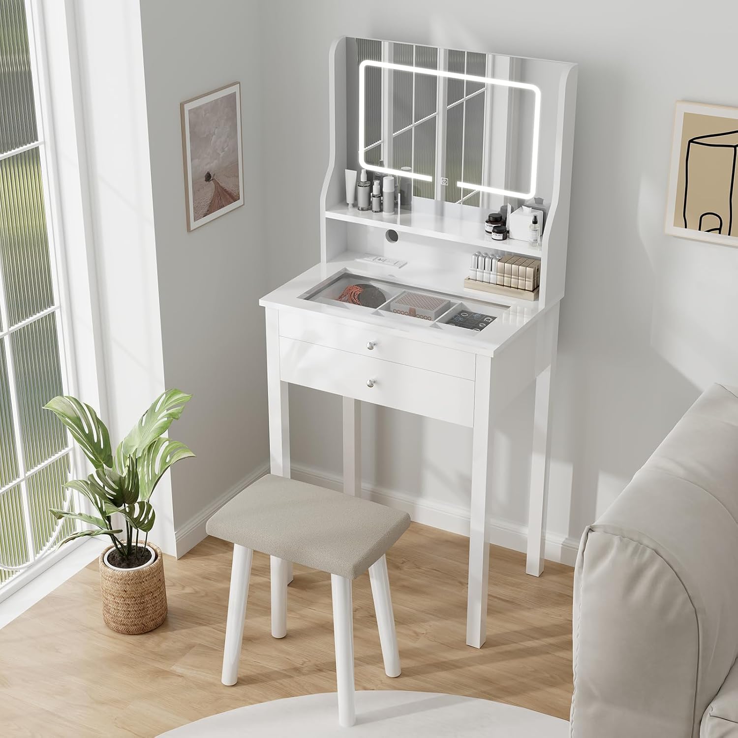 YOURLITE Small Vanity Desk with Mirror and Lights,Makeup Vanity Set with Chair a...