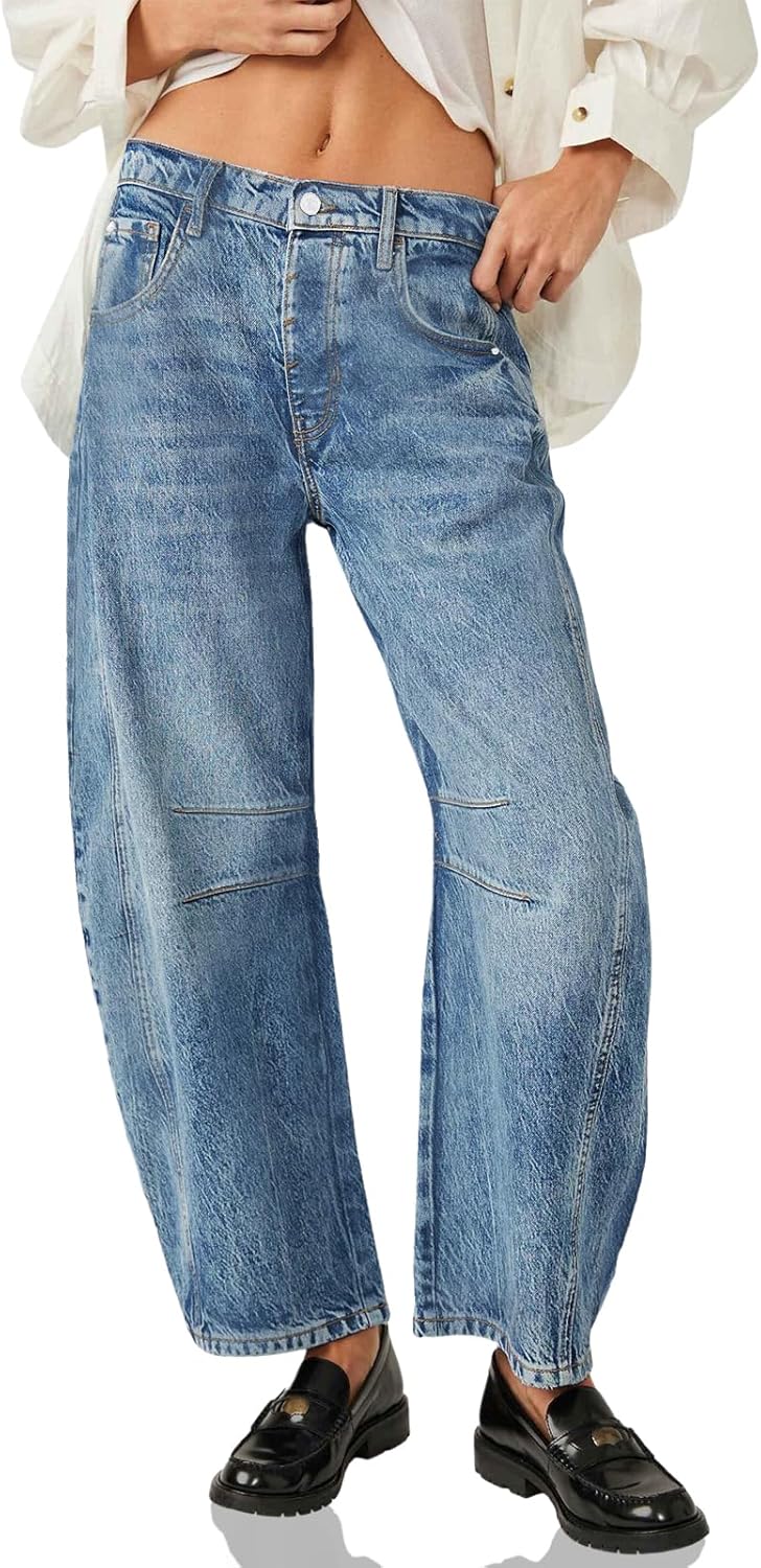 PLNOTME Women's Baggy Boyfriend Jeans Vintage Wide Leg Mid Rise Barrel Denim Ank...