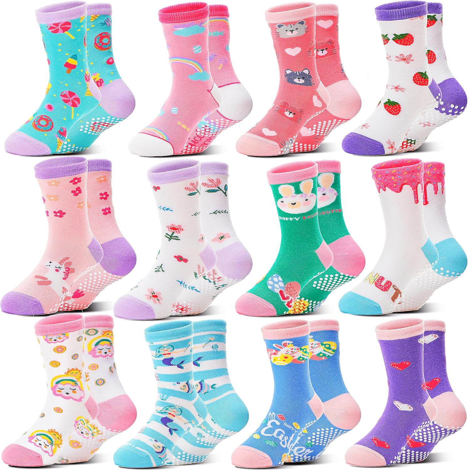 Welwoos 12 Pairs Baby Girls Toddlers Grips Socks Non Slip Funny Animal Cartoon C...