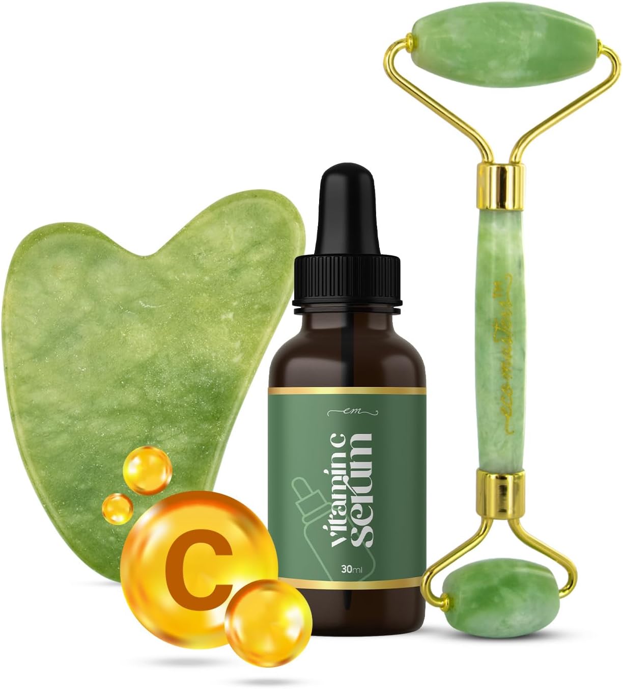 Jade Roller and Gua Sha Set with Vitamin C Serum - Beauty Gifts Sets for Women -...