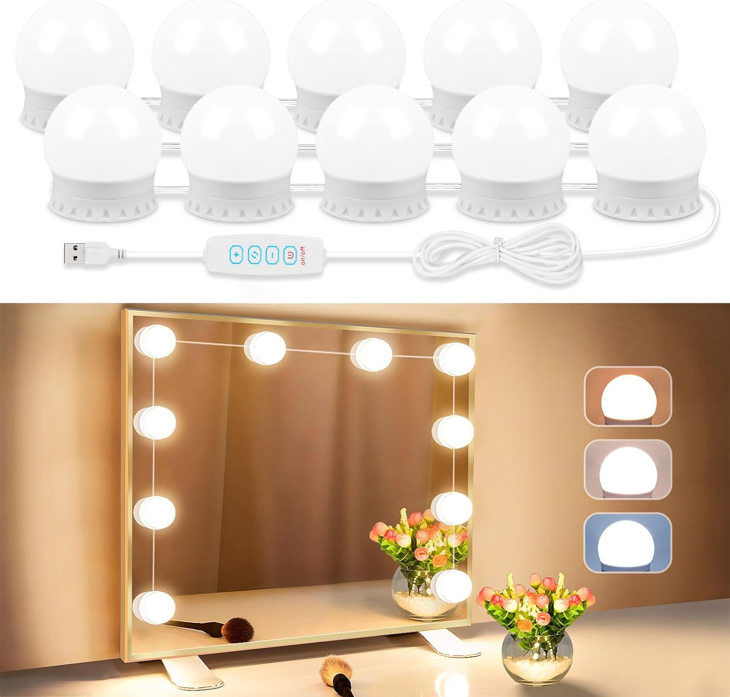 LED Vanity Lights for Mirror, Vanity Lights Stick on with 10 Dimmable Bulbs, 300...