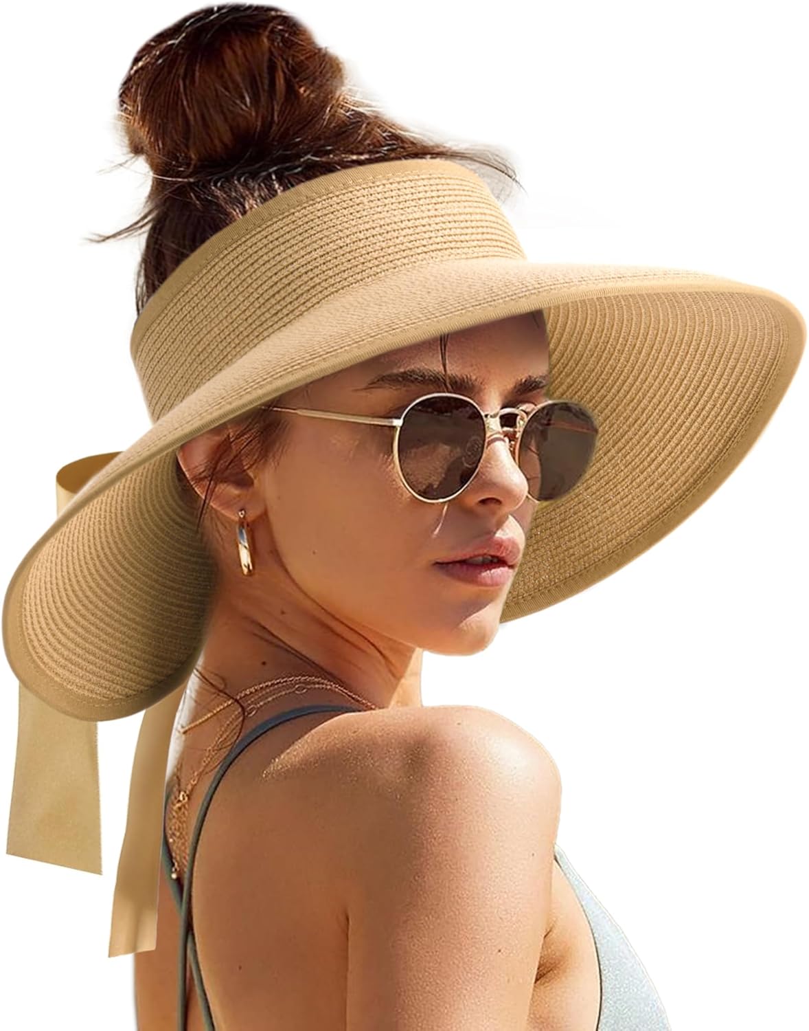 Camptrace UPF 80+ Sun Visors for Women Wide Brim Beach Hat Foldable Straw Visor...