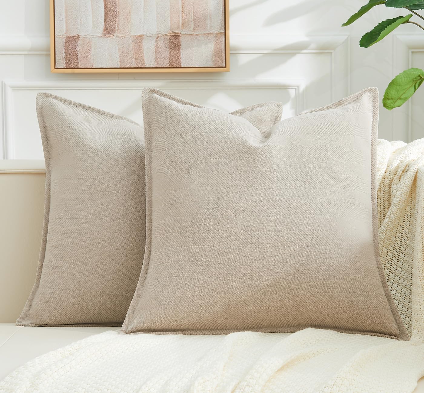Throw Pillow Covers Neutral Set of 2 18x18 Inch Pillow Covers, Soft Chenille Far...