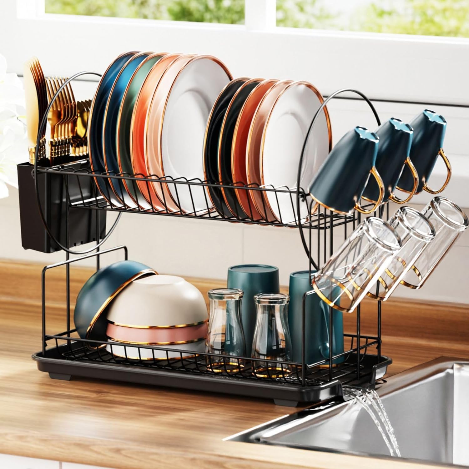 iSPECLE Dish Drainer Rack - Small 2 Tier Dish Drying Rack with Draining Board, R...