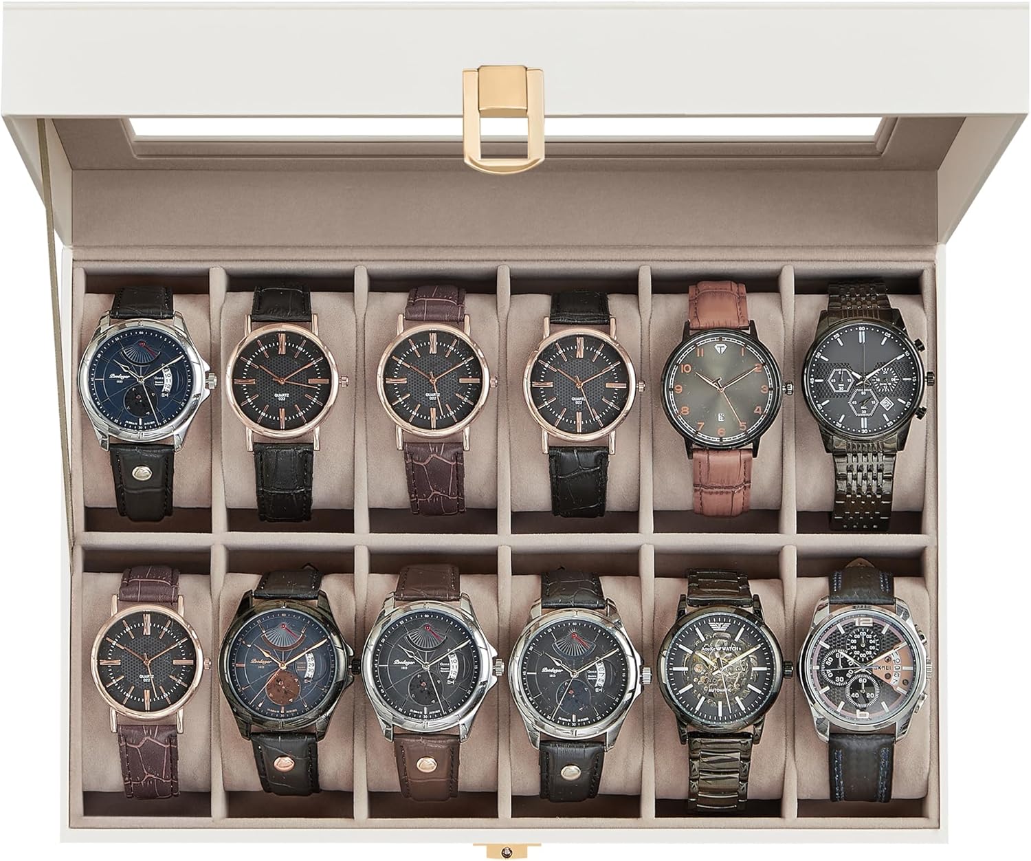 SONGMICS Watch Box, 12-Slot Watch Case with Large Glass Lid, Removable Watch Pil...