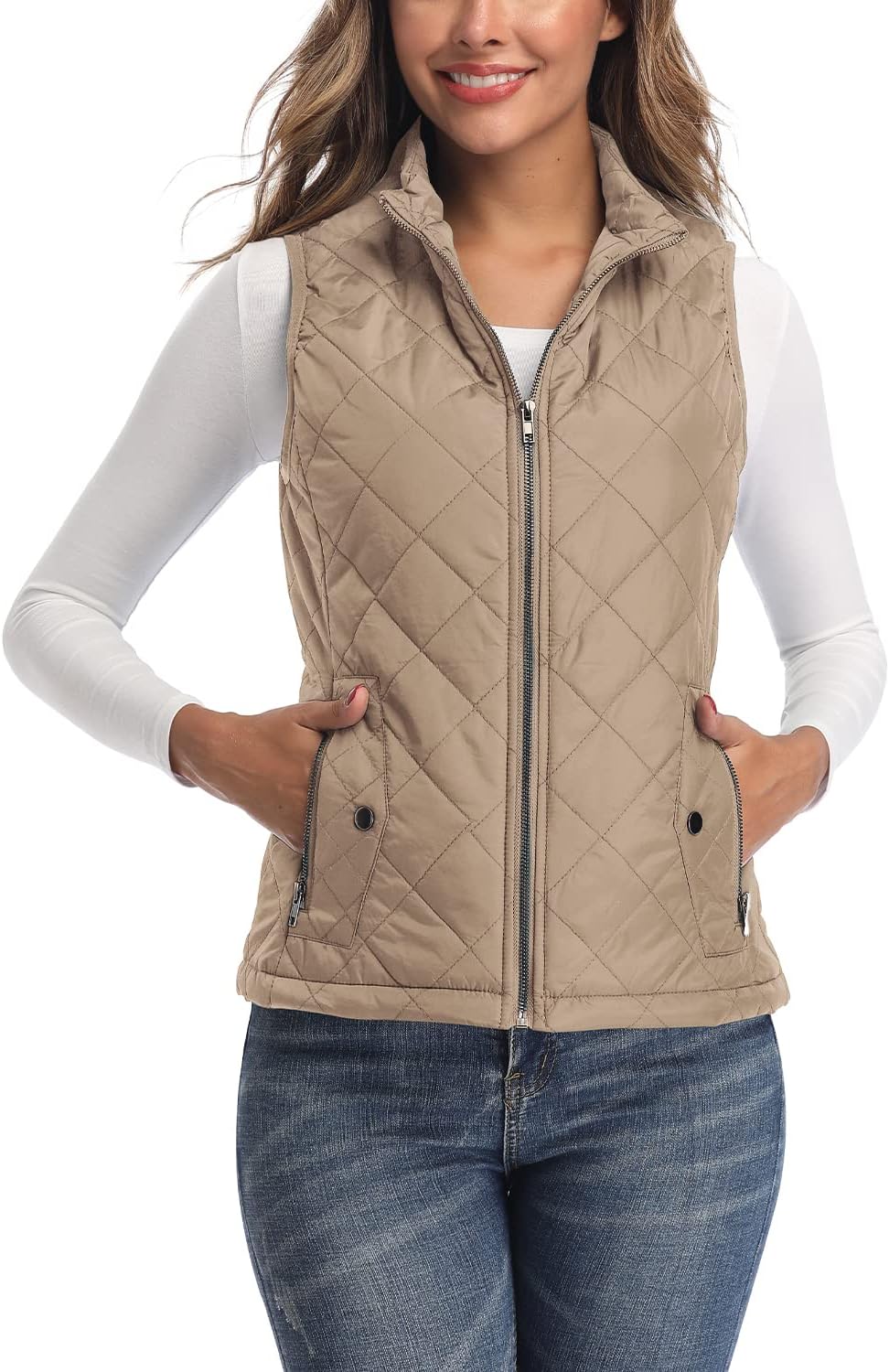 LONGKING Women's Vest, Stand Collar Lightweight Zip Quilted Vest for Women Khaki...