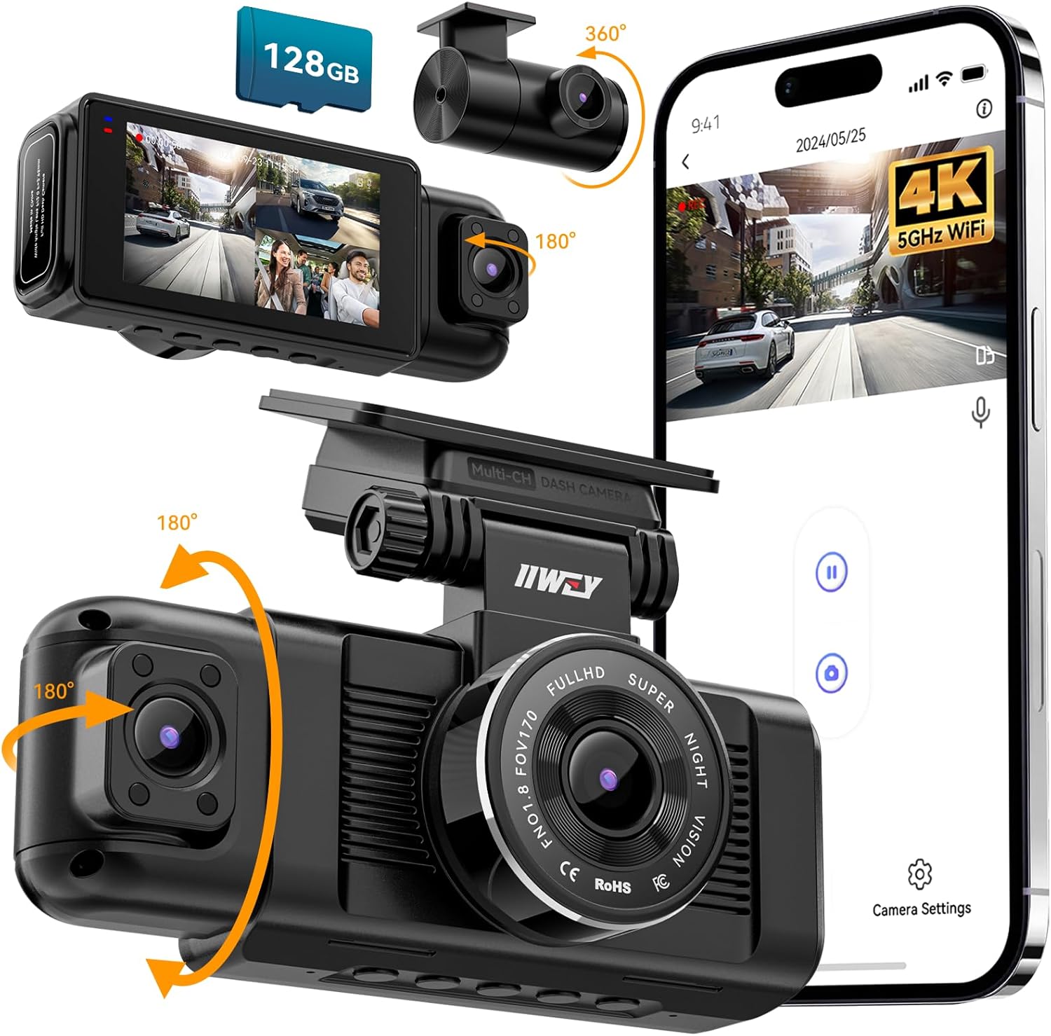 iiwey N7 3 Channel Dash Cam Front and Rear Inside 3K+1080P+1080P with 128GB SD C...