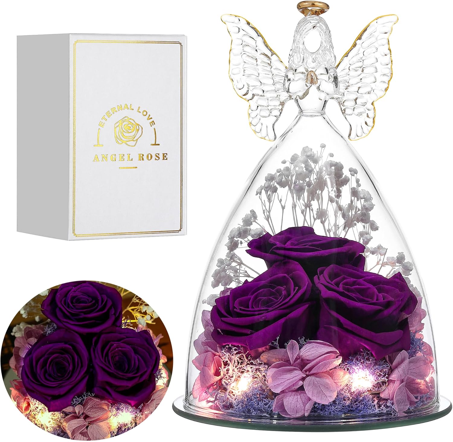 Glass Angel Figurines with Three Roses Gifts, Preserved Forever Real Rose Gifts...