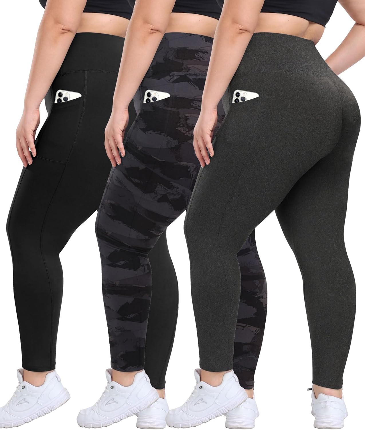 3 Pack Plus Size Leggings with Pockets for Women - High Waisted Tummy Control Sp...