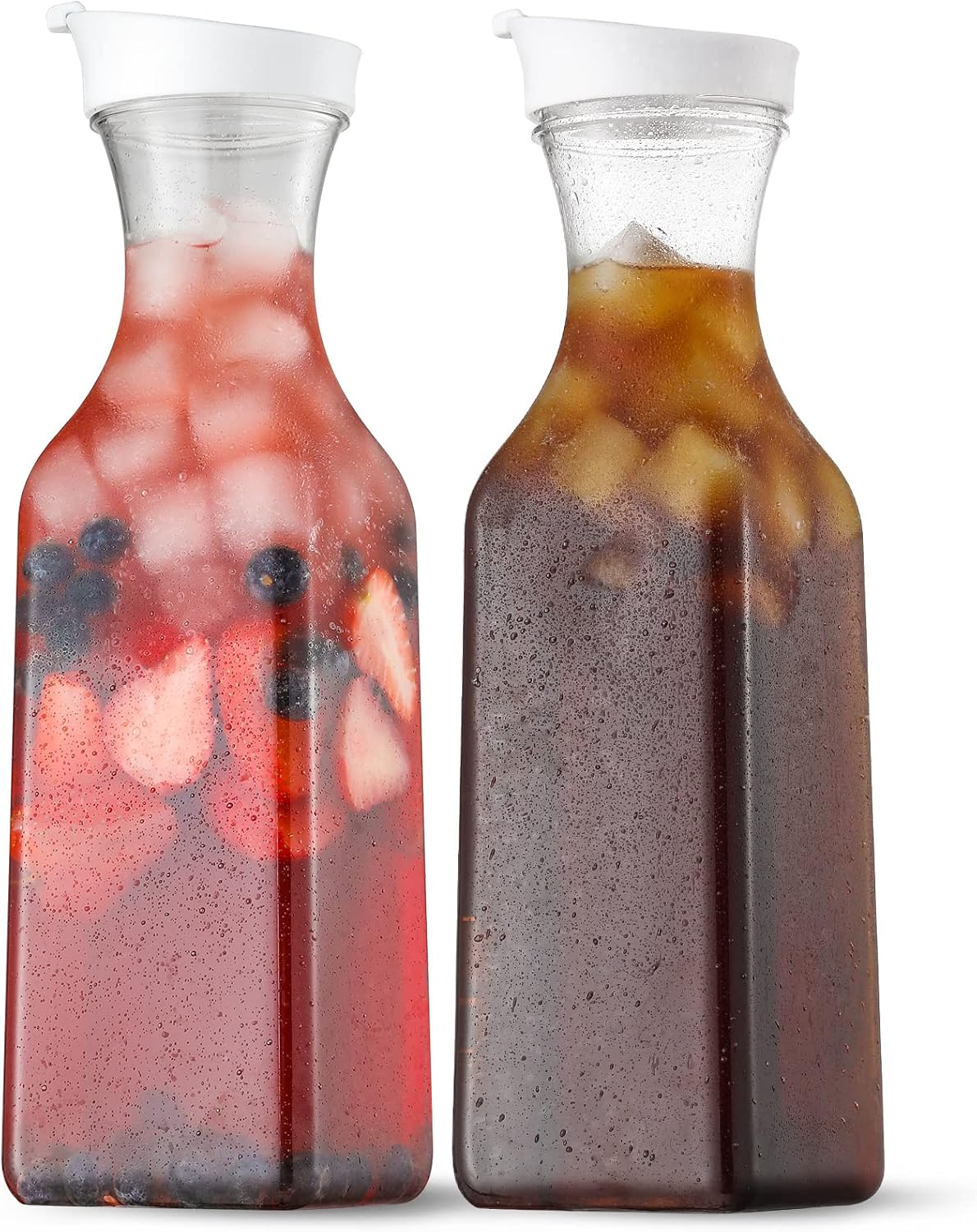 NETANY Plastic 50 Oz Water Carafe with Flip Top Lid, Set of 2 Square Base Juice...