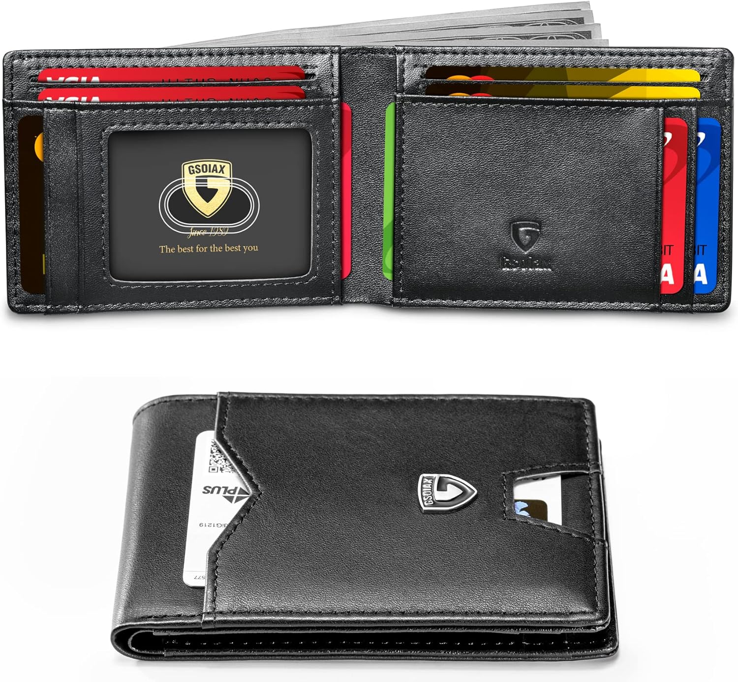 GSOIAX Mens Slim Wallet for Men Minimalist Genuine Leather Carbon Fiber Rfid Blo...