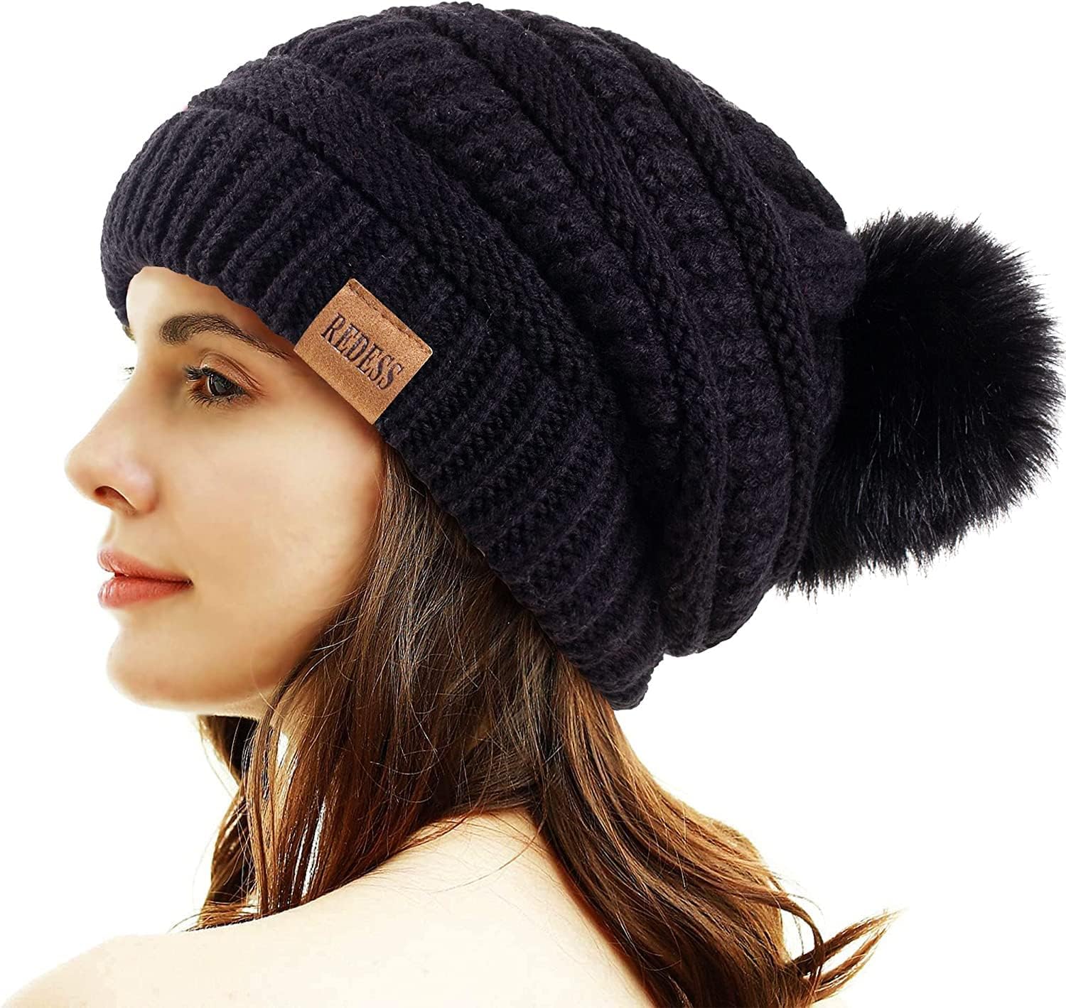 REDESS Women Winter Pom Pom Beanie Hat with Warm Fleece Lined, Thick Slouchy Sno...