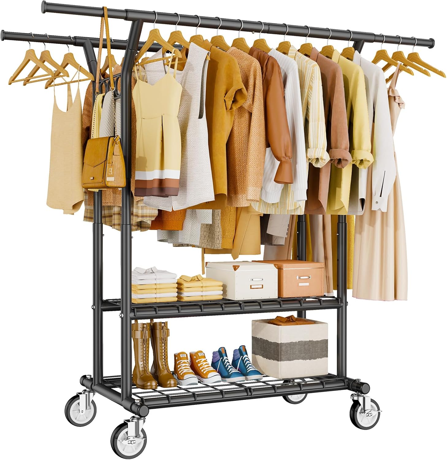 Heavy Duty Clothes Rack, Rolling Clothing Rack With Shelves Load 620 LBS, Double...