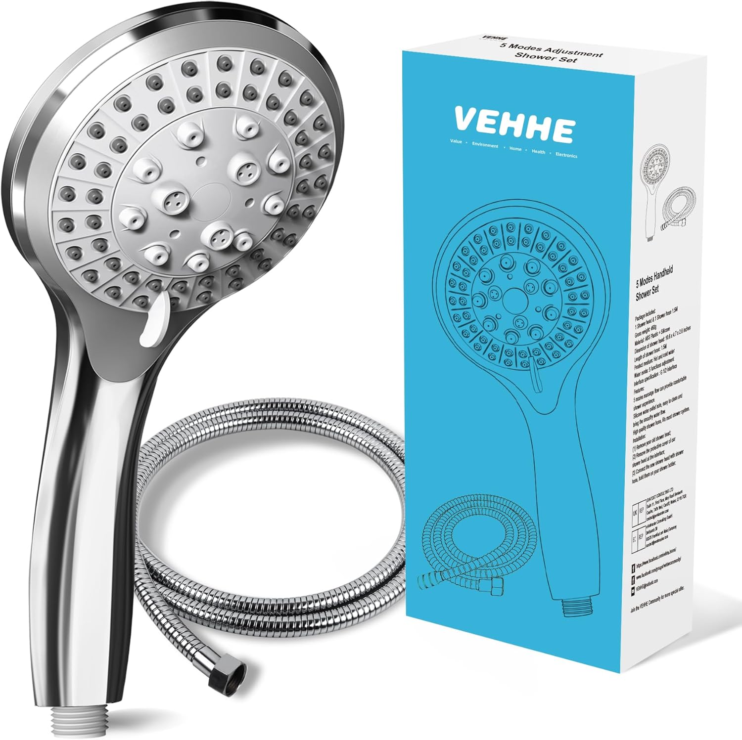 VEHHE Shower Head Powerful Flow with 1.5m Chrome Hose Pressure Boosting Shower H...