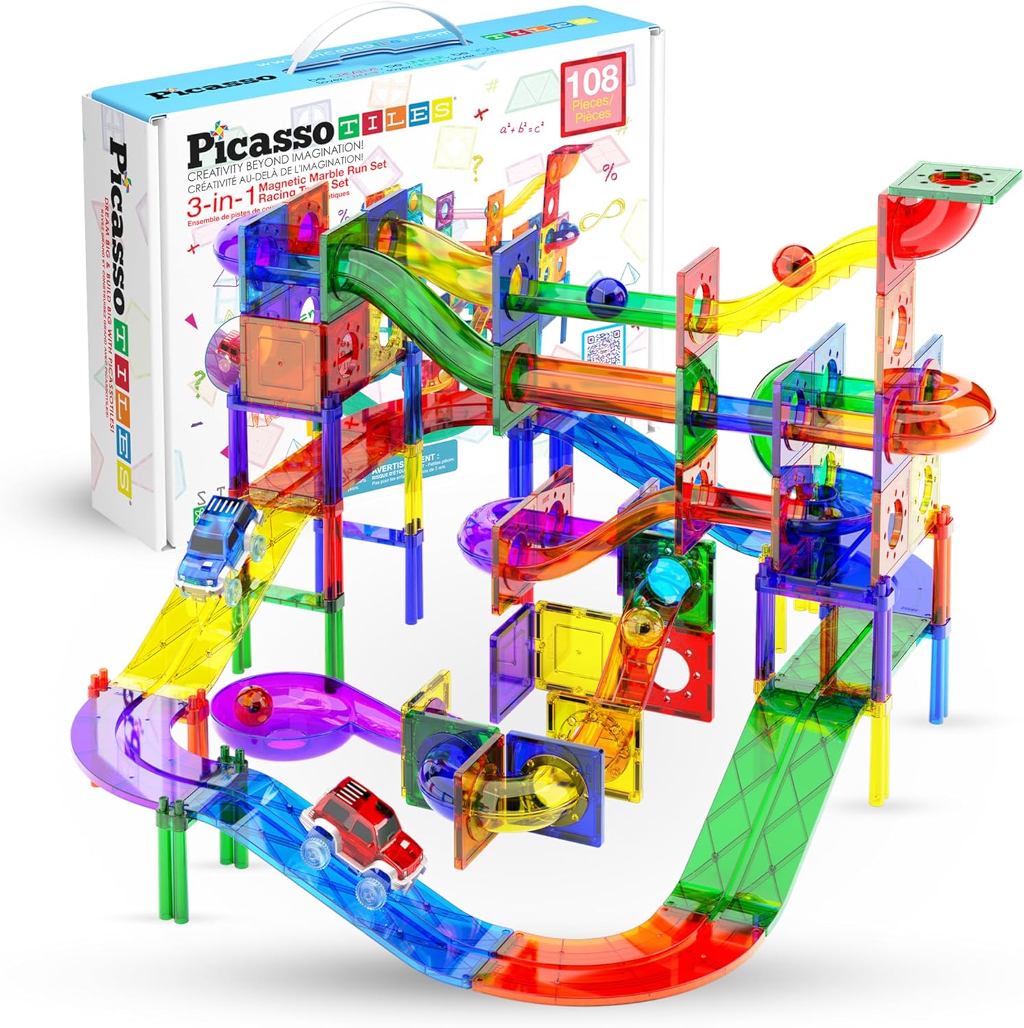 PicassoTiles 108pc 3-in-1 Marble Run Car Race Track Combo Magnetic Tiles Picasso...