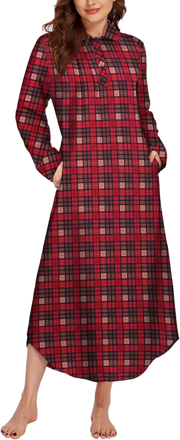Ekouaer Women's Nightgown Long Sleeve Nightshirt Full Length Loungewear Plaid Sl...