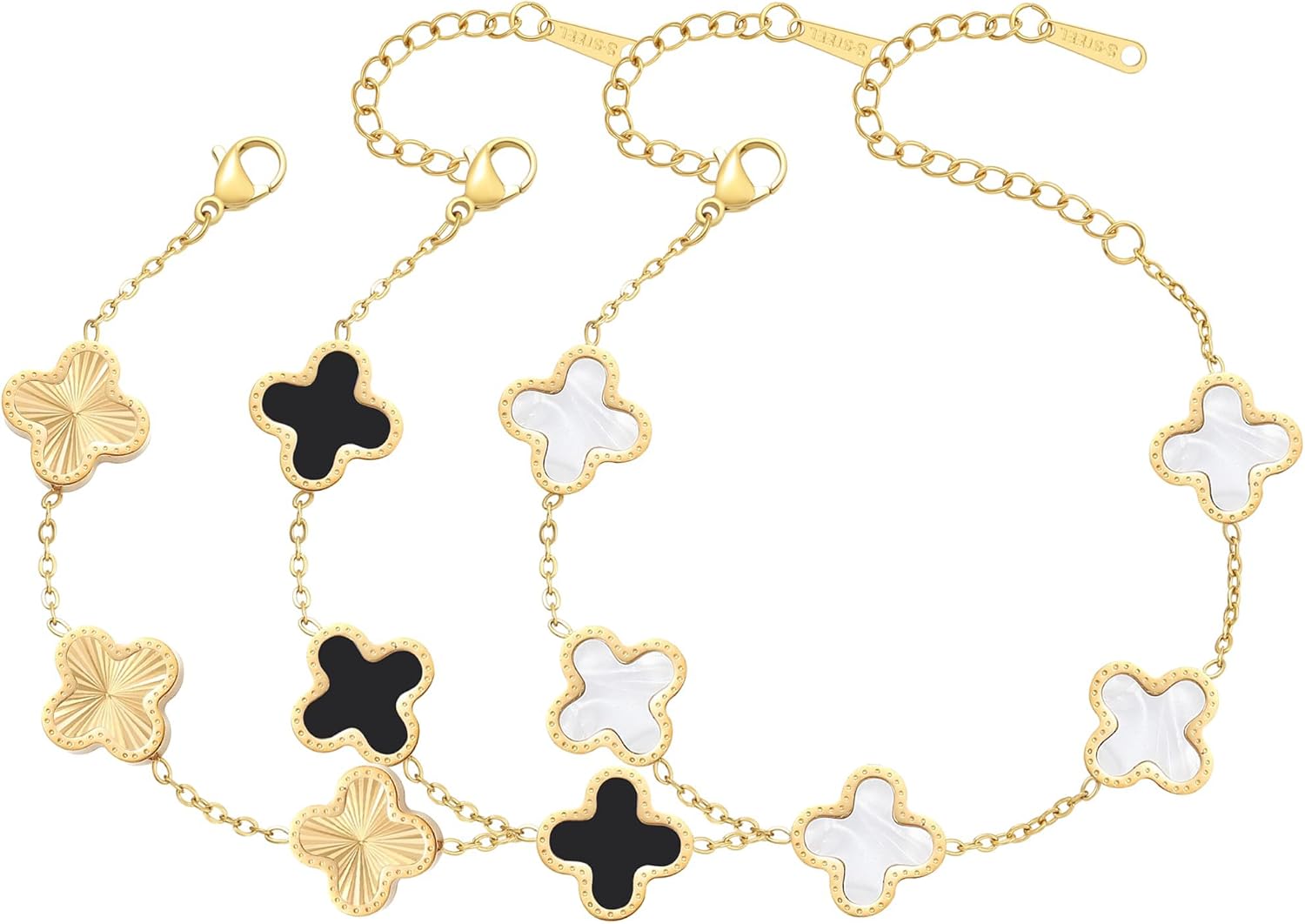 18K Gold Plated Bracelet Gold/White/Black Clover Bracelet Set for Women Four Lea...