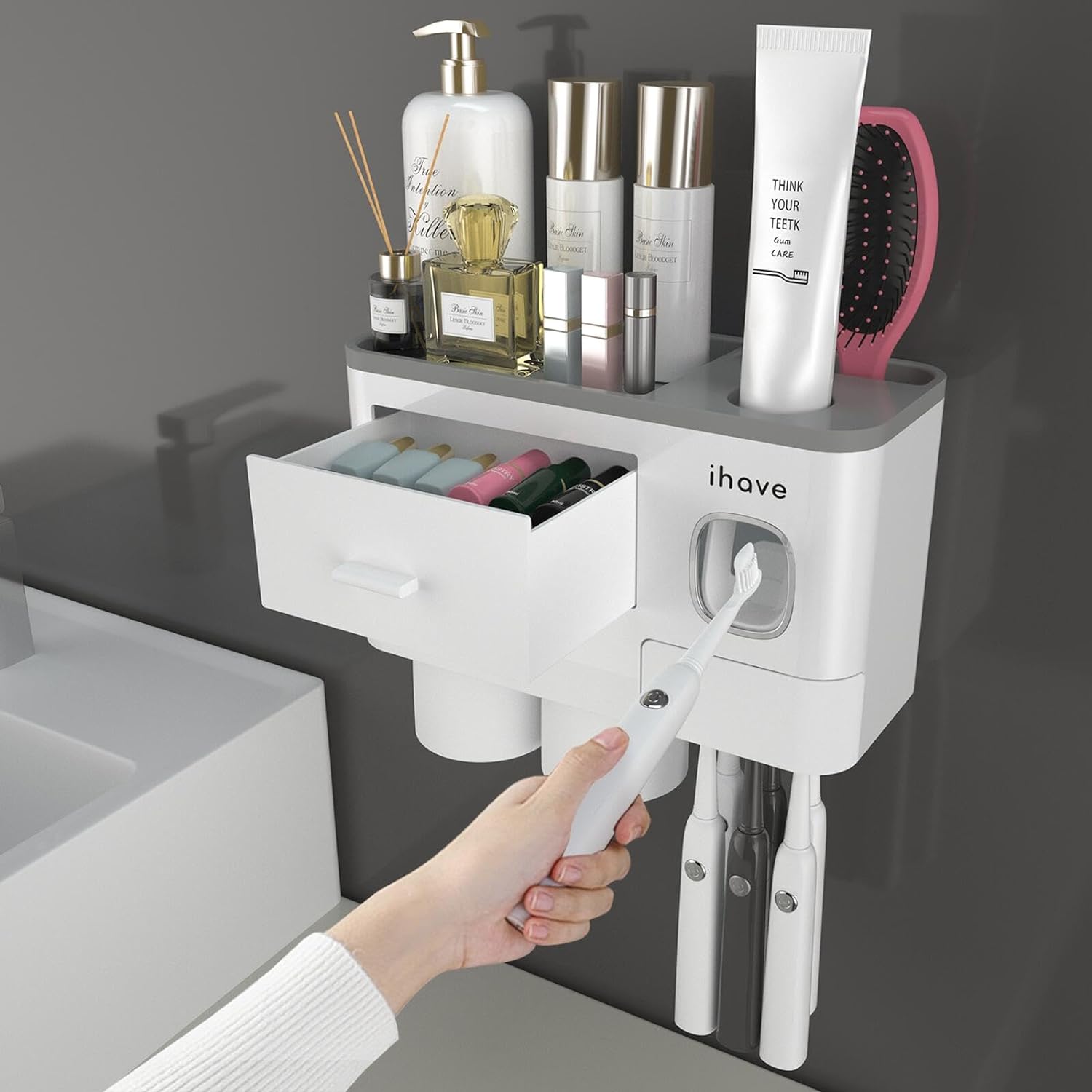 iHave Toothbrush Holders for Bathrooms, 2 Cups Toothbrush Holder Wall Mounted wi...