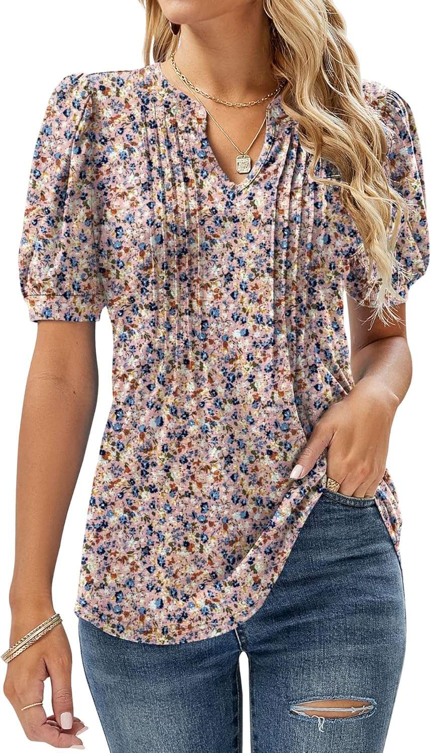 EFFAN Womens V Neck Tops Puff Short Sleeve T-Shirt Pleated Floral Printed Tunic...