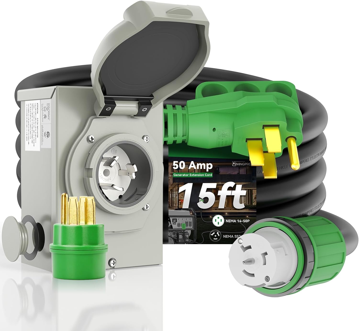 50 Amp Generator Cord 15FT and Power Inlet Box, Pre-Drilled 50 Amp Generator Inl...