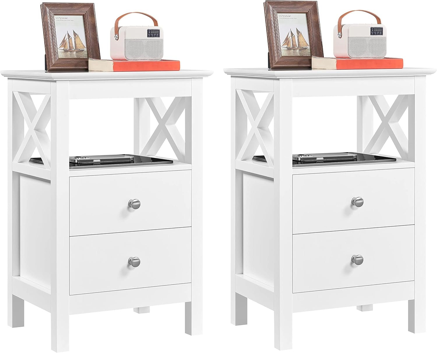 Yaheetech 2pcs Bedside Tables, White Nightstand Cabinet with X Shaped Design, Se...