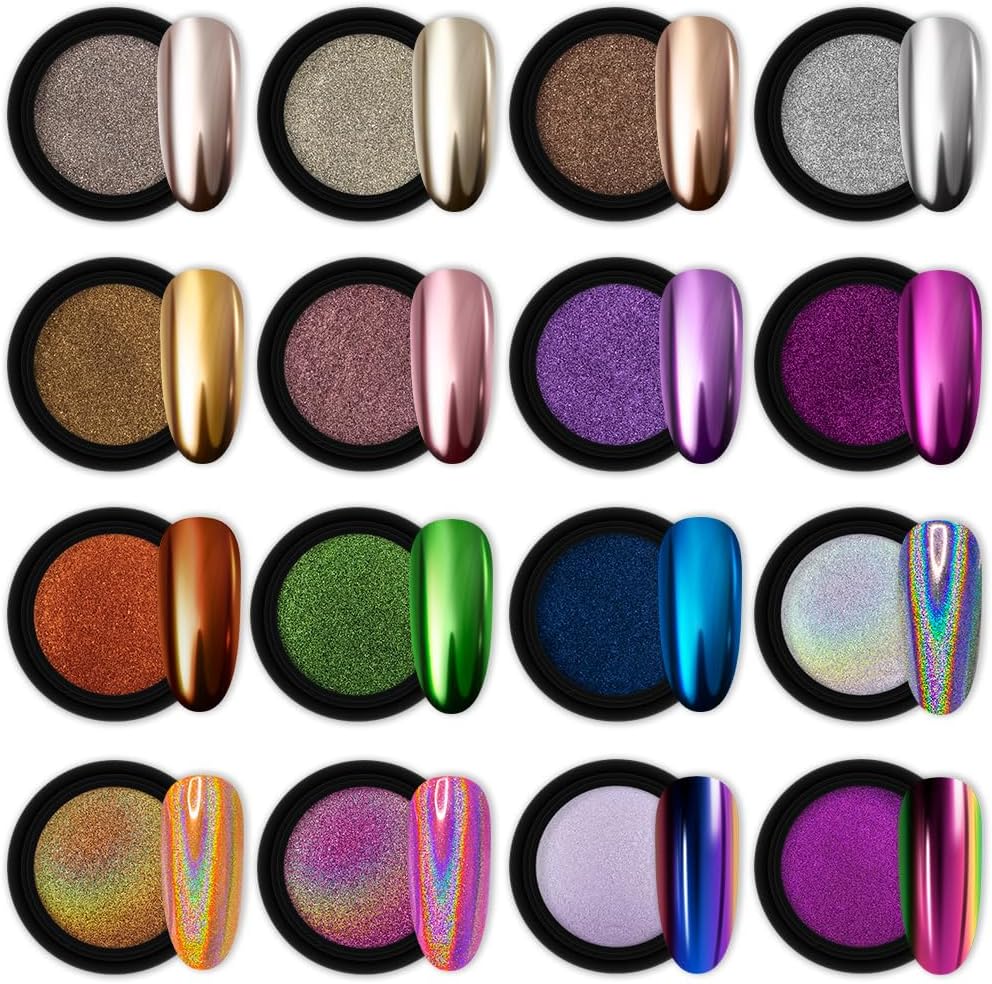 Artdone 16 Jars Chrome Nail Powder Art Glitter Decoration Metallic Mirror Effect...