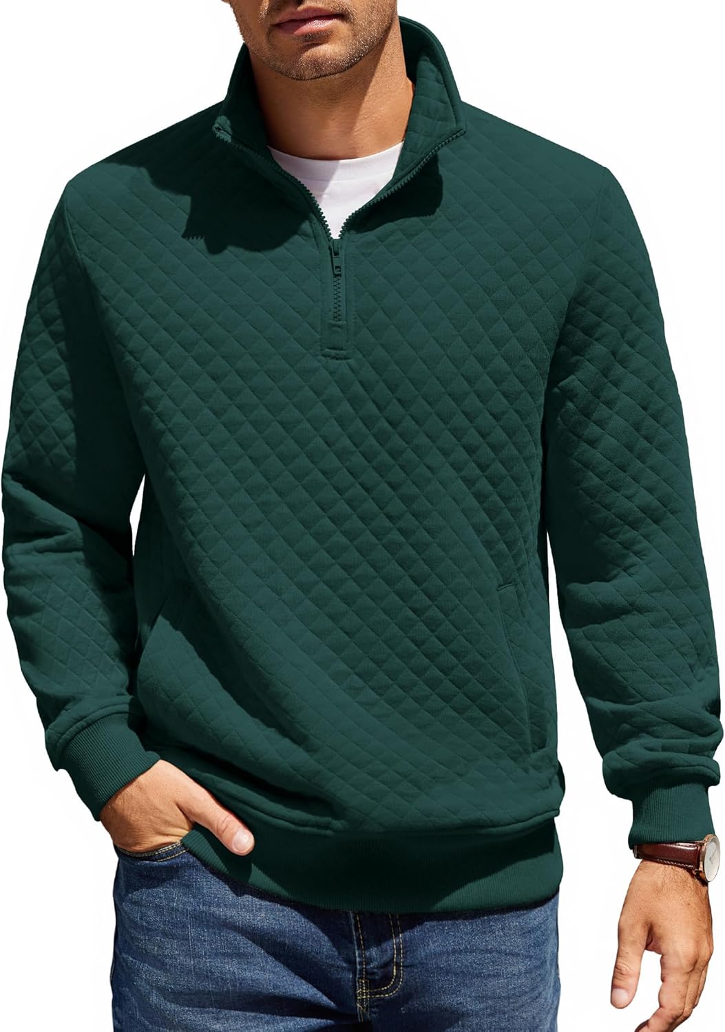 COOFANDY Mens Quarter Zip Pullover Quilted Sweatshirt Knit Long Sleeve Mock Neck...