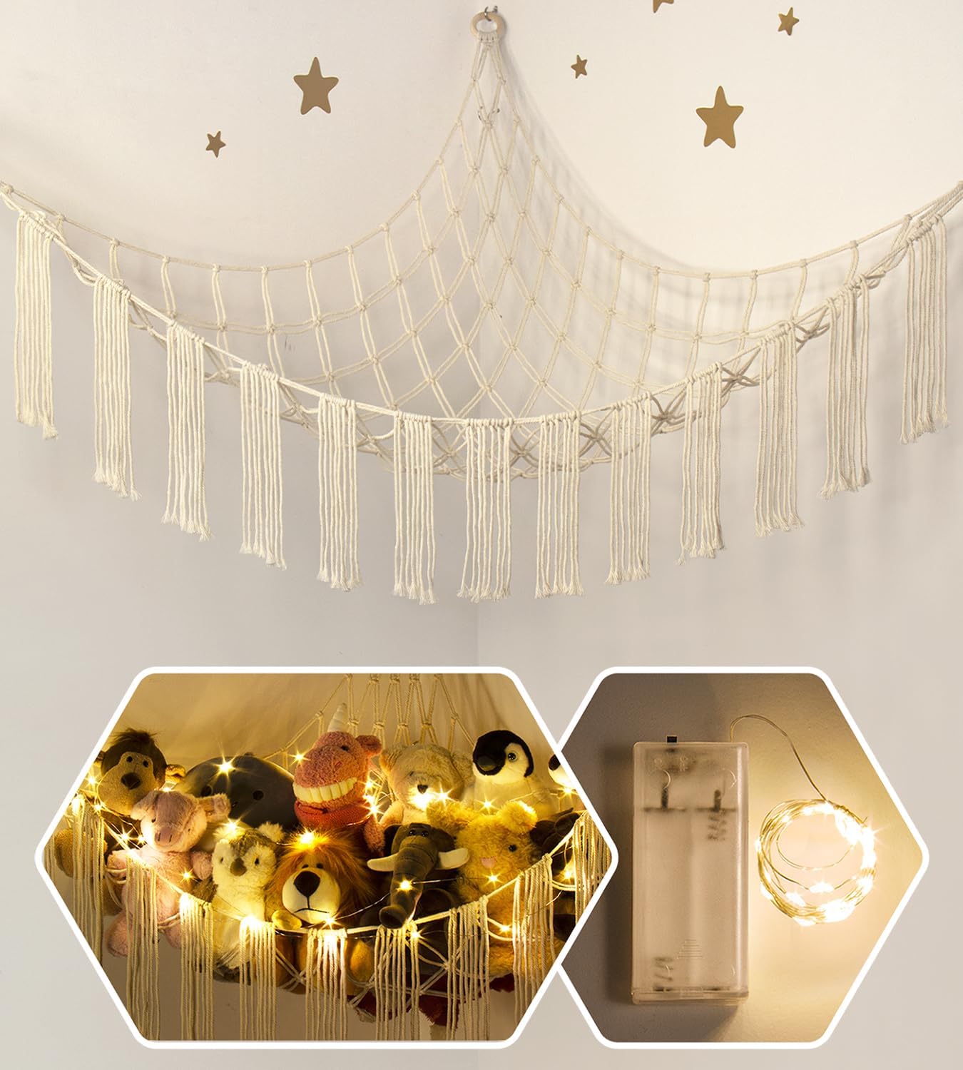 Stuffed Animal Hammock Corner Storage with LED Light - Toy Hammock Large Plushie...