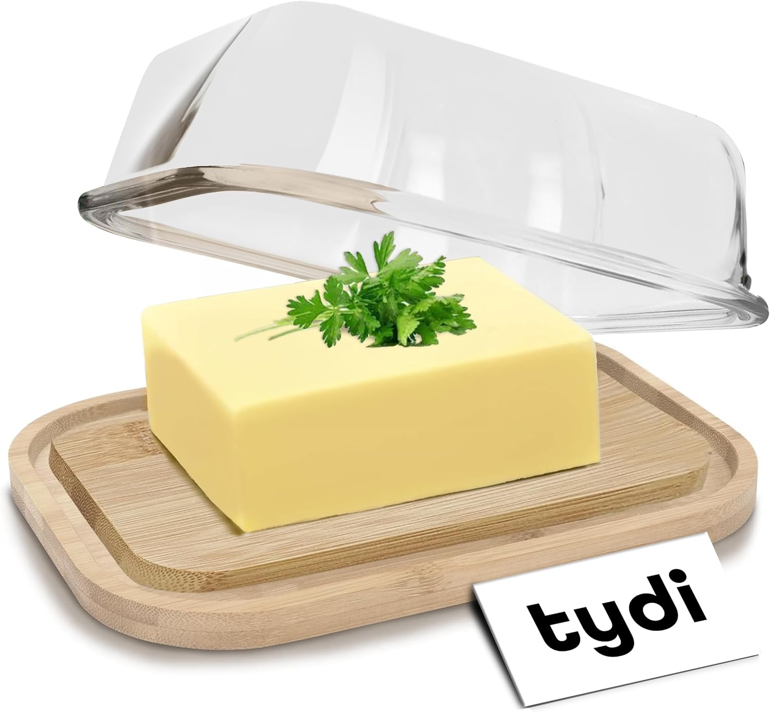 Tydi Glass Butter Dish with Glass Lid and Bamboo Base (150 x 110 x 70 mm) - Fits...