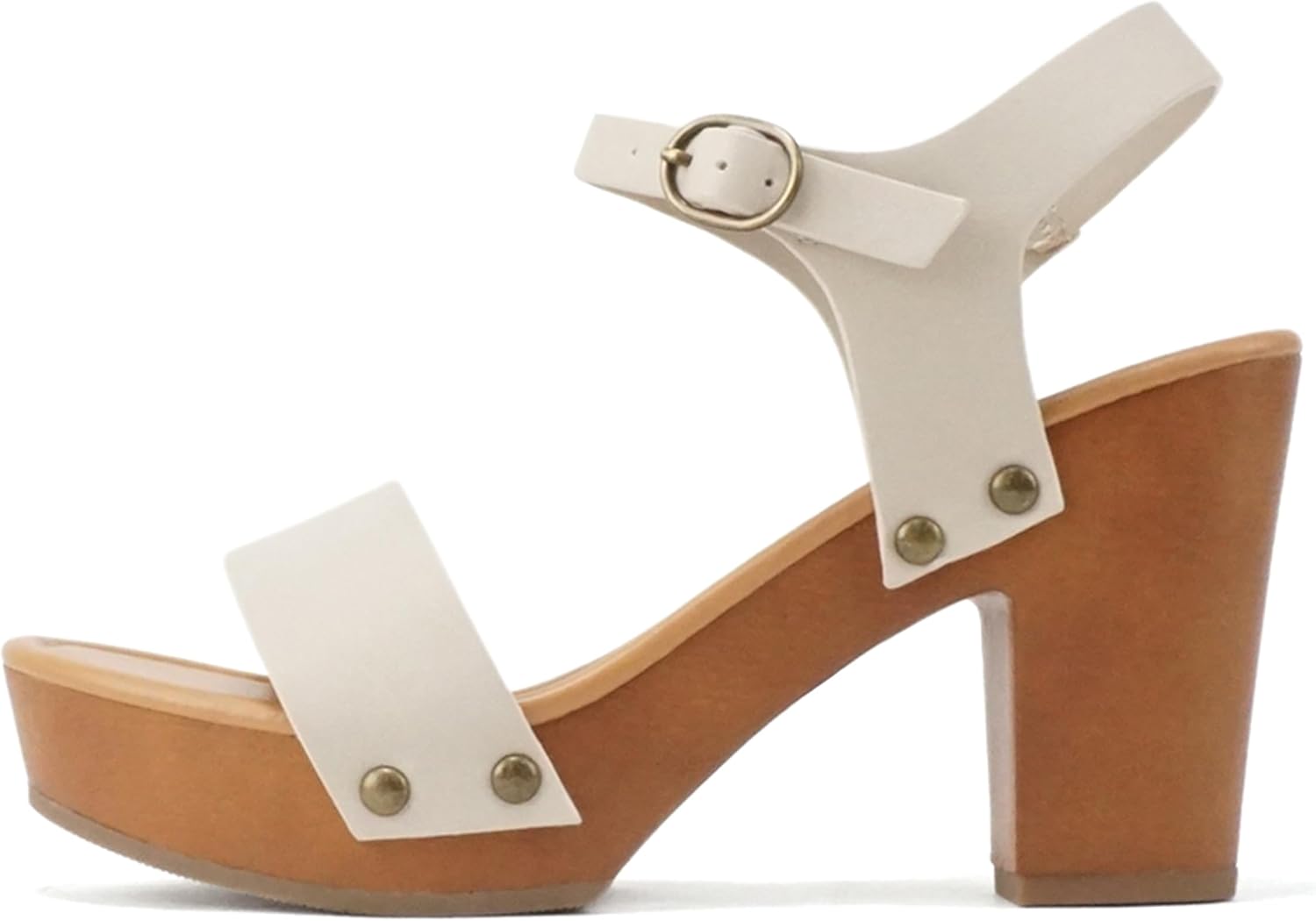 Soda CHIVAS ~ Women's Bold Buckles Studded Wedge Sandal 8 Dark Nude Pu