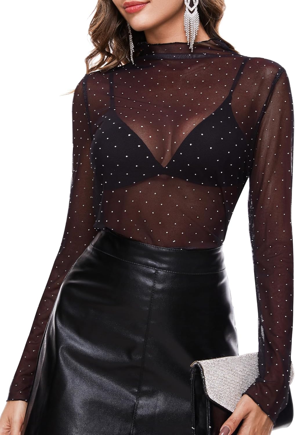 BBX Lephsnt Womens Sheer Mesh Layering Top Sparkle Long Sleeve Shirts Mock Neck...