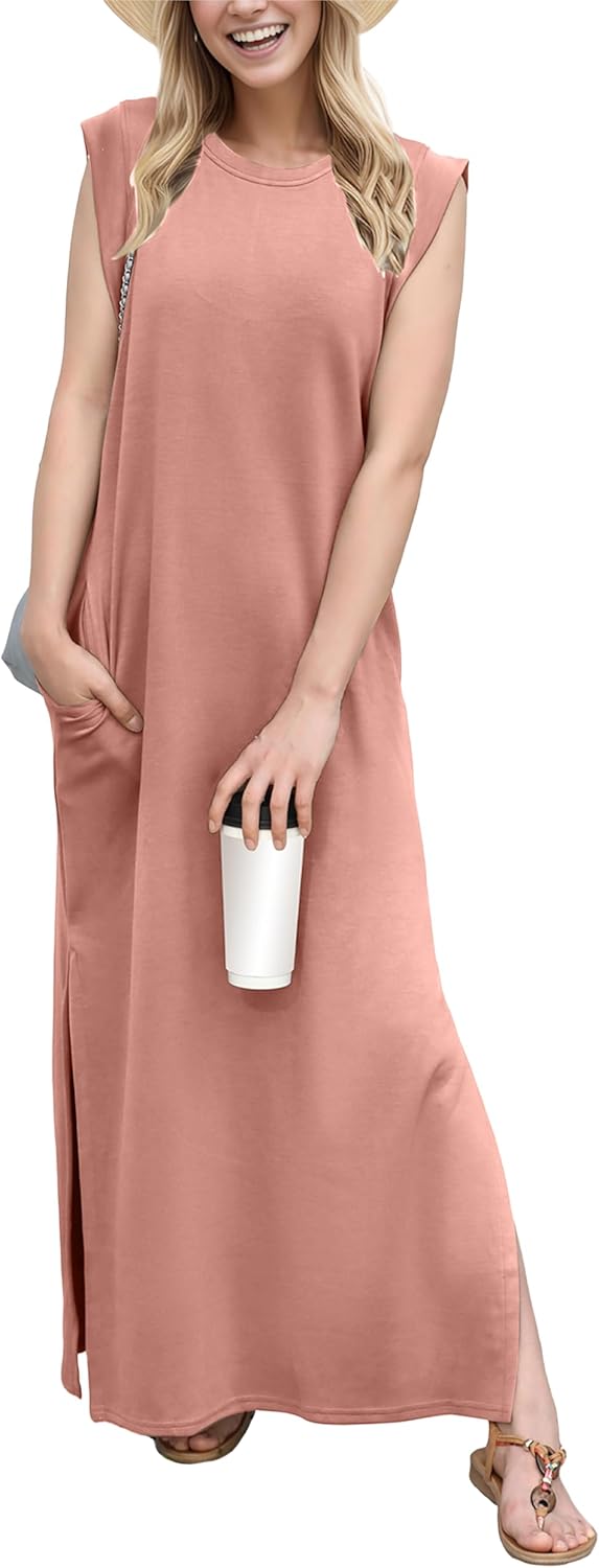 GRECERELLE 2025 Women Summer Round Neck Casual Loose Split Wrinkle-Free Long Max...
