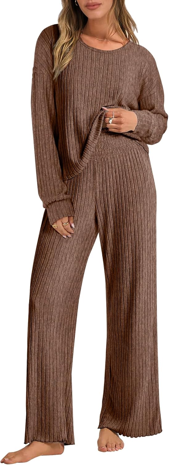 ANRABESS Women 2 Piece Lounge Pajamas Sets Casual Ribbed Knit Long Sleeve Top Pa...