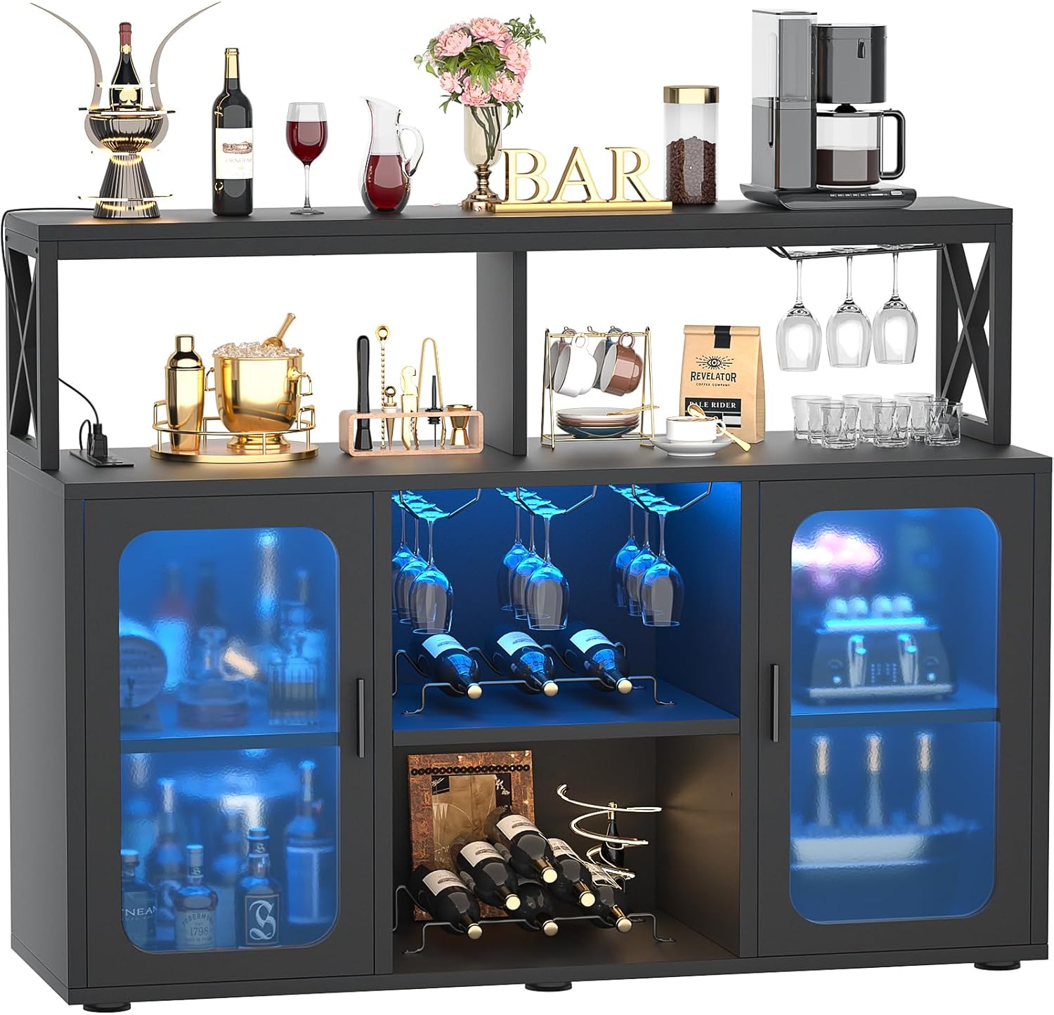 Aheaplus Bar Cabinet with Power Outlets, Liquor Cabinet with Led Lights and Glas...