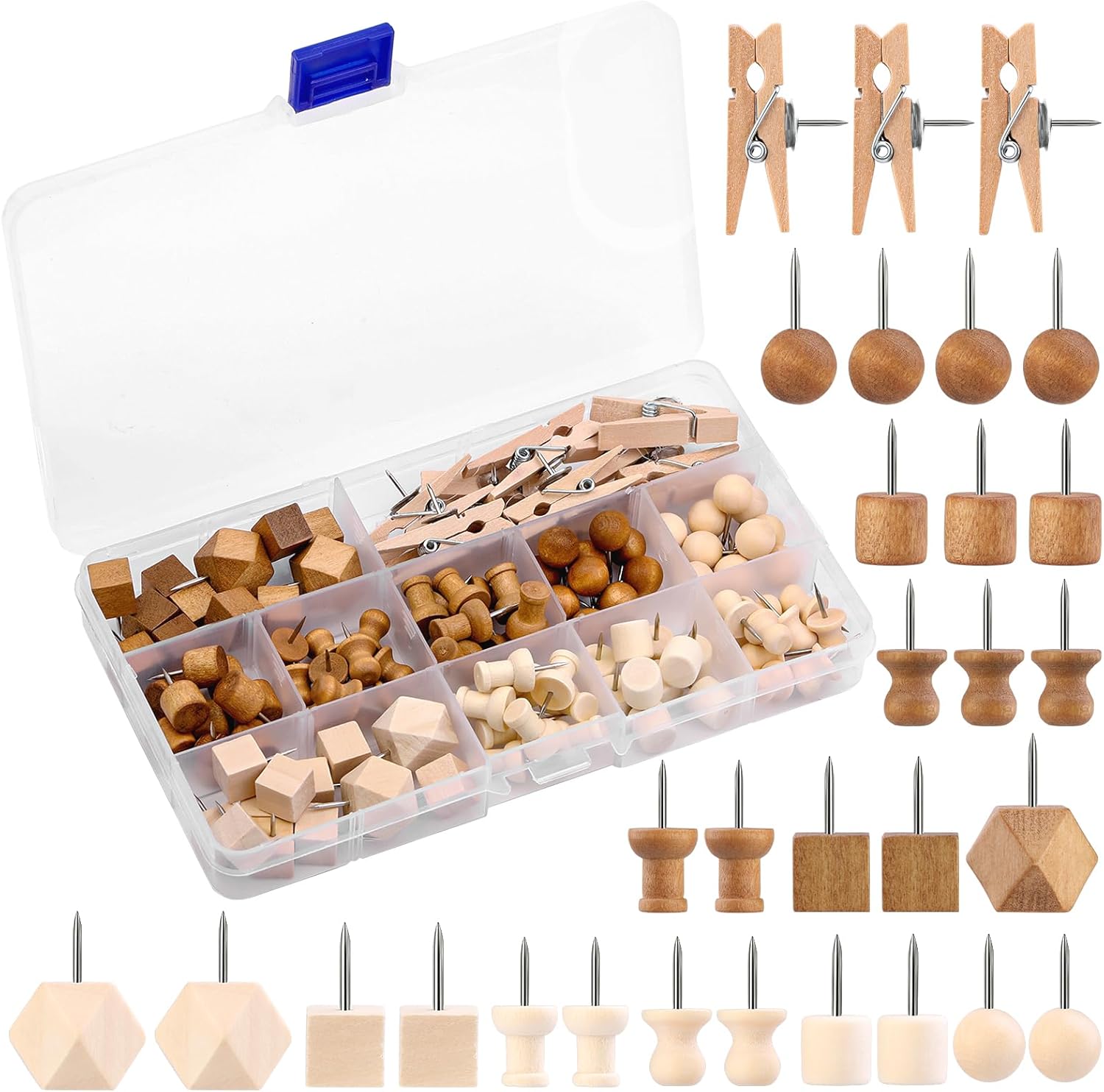 114 Pcs Decorative Wooden Head Pins in 2 Colors and 7 Types - Thumb Tacks for Bu...