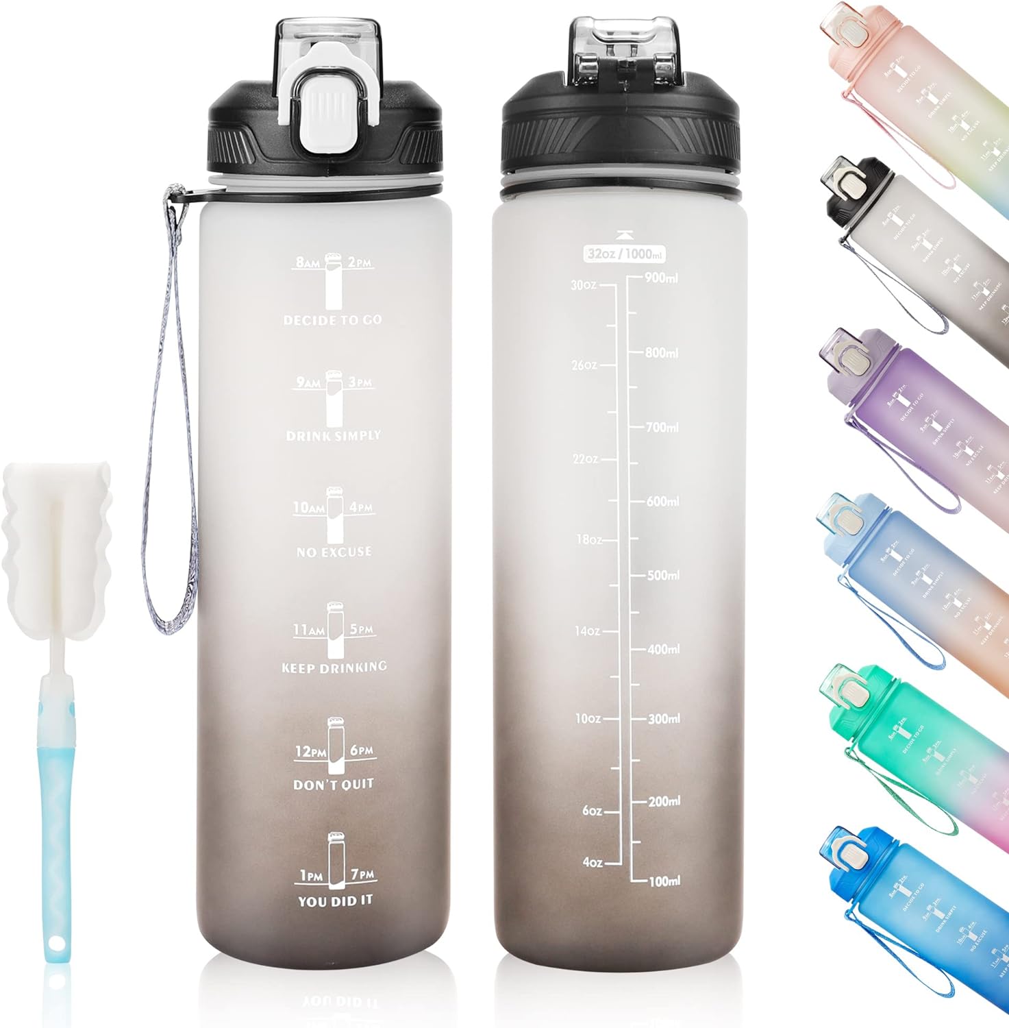 YC Kitchen Water Bottle with Time Marker - 1L Water Bottles with Straw, air up w...