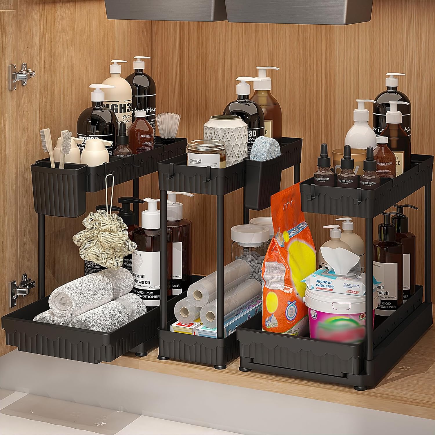 3 Pack Under Sink Organizers and Storage L-Shaped, 2 Tier Sliding Bathroom Organ...