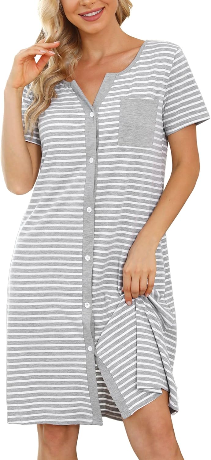 Marvmys Women’s Nightdresses Soft Cotton Nightshirt Stripe Sleep Dress Button-Up...