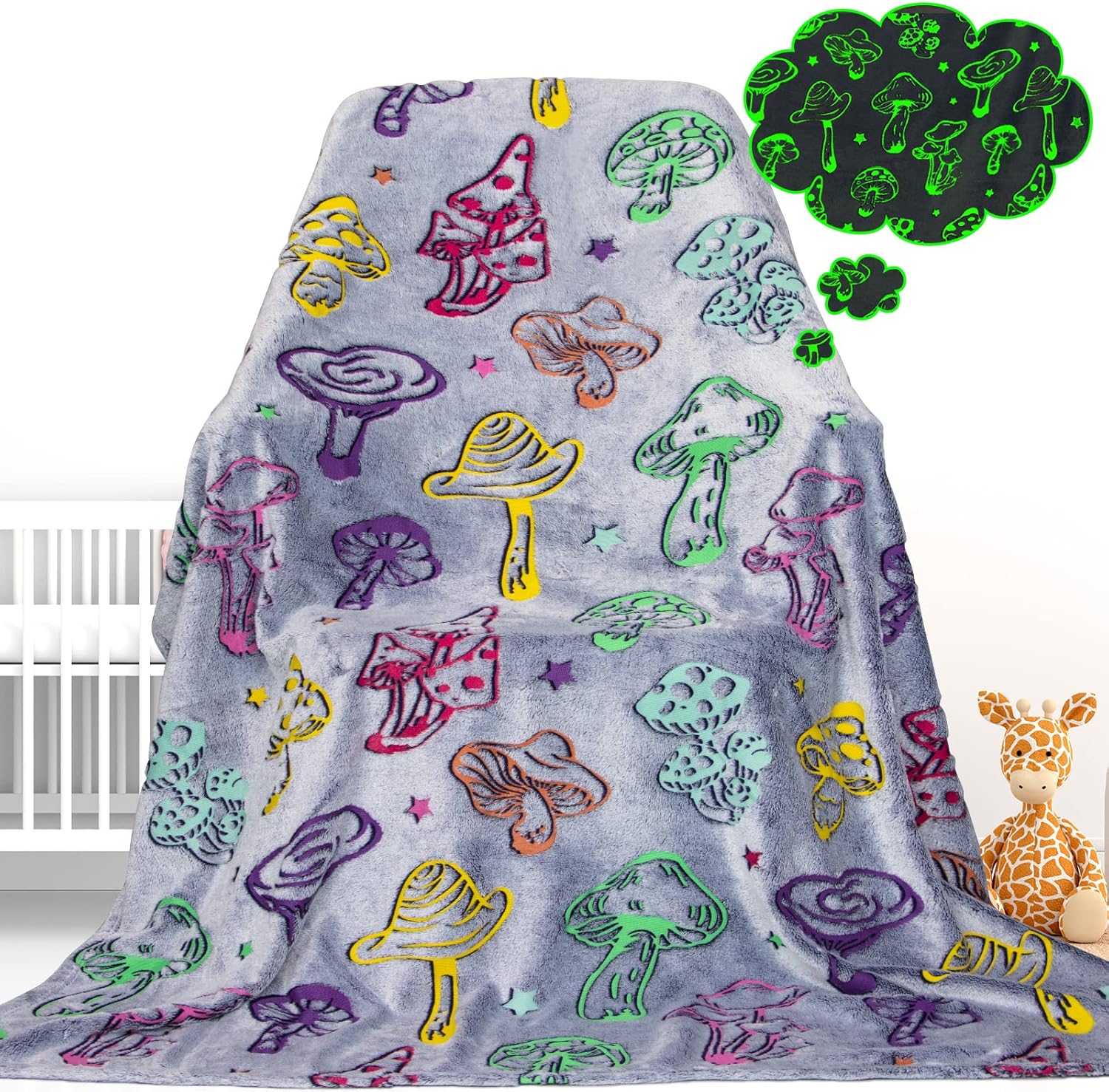 Glow in The Dark Blanket Mushroom Blanket for Kids Adults Soft Flannel Throw Bla...